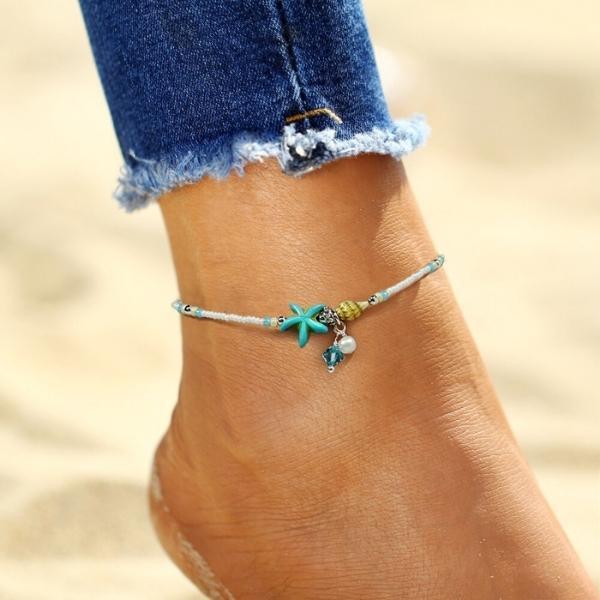 Pulseira de Tornozeleira com Estrela e Conchas em Pedras Naturais