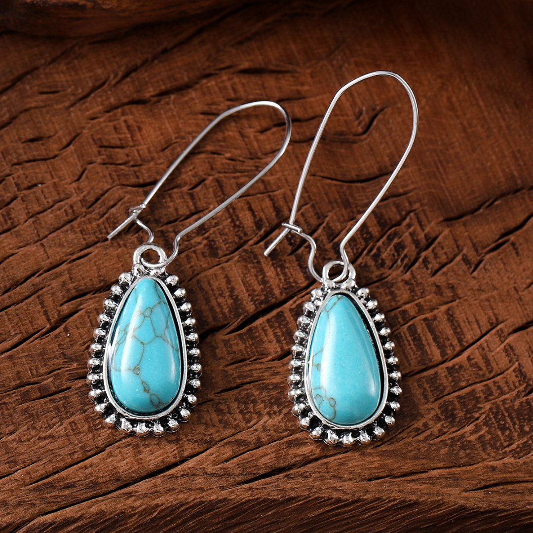 Brincos Vintage de Prata com Turquesa em Forma de Gota
