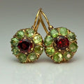 Brincos Vintage Redondos de Cristal Verde e Vermelho