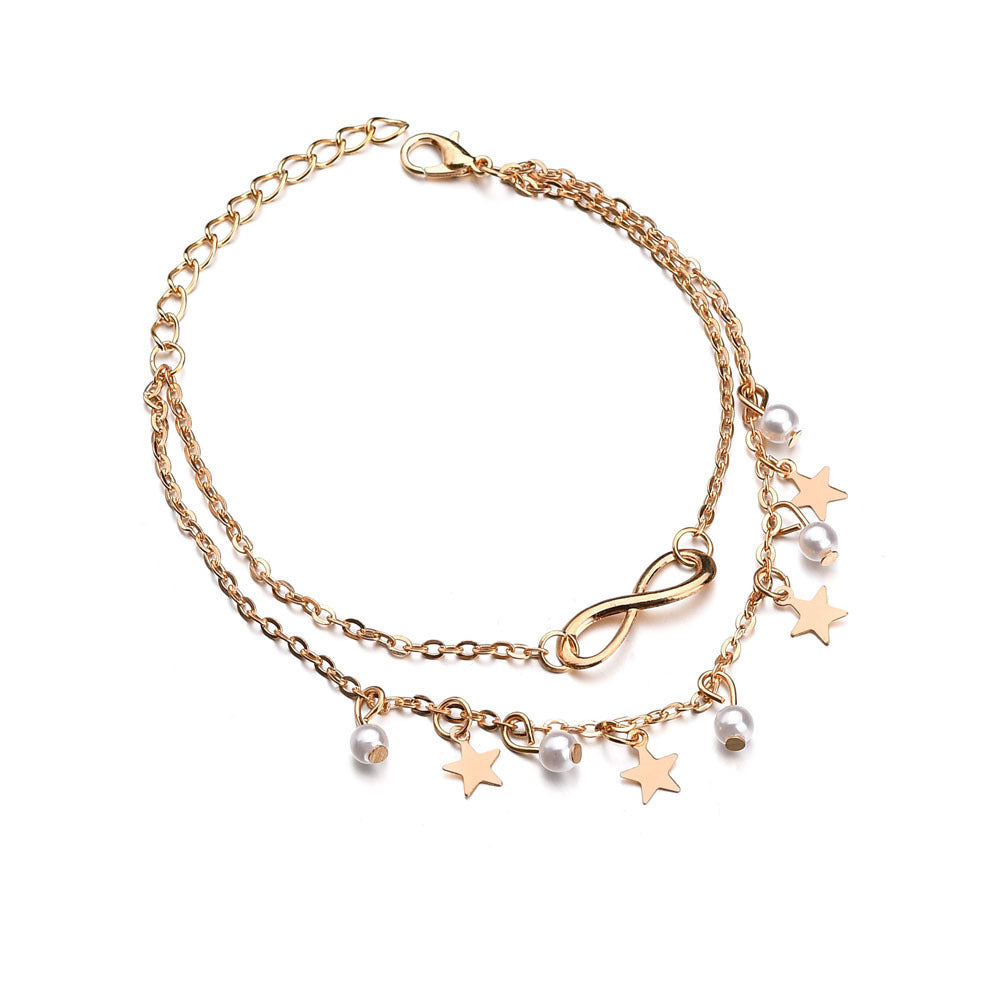 Pulseira de Tornozelo Infinito + Pérolas e Estrelas