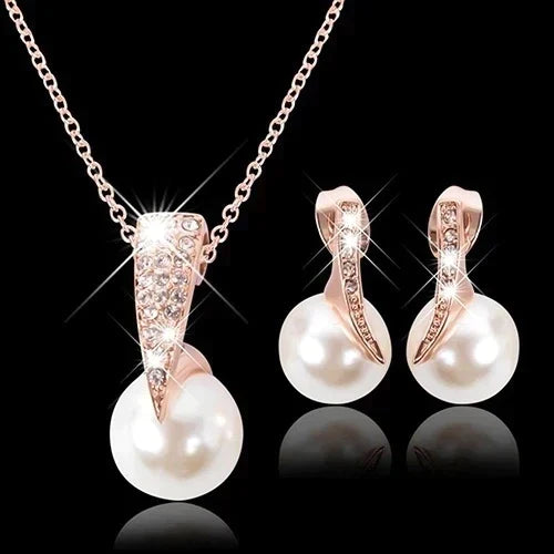 Conjunto de Colar + Brincos com Pérolas em Ouro Rosa