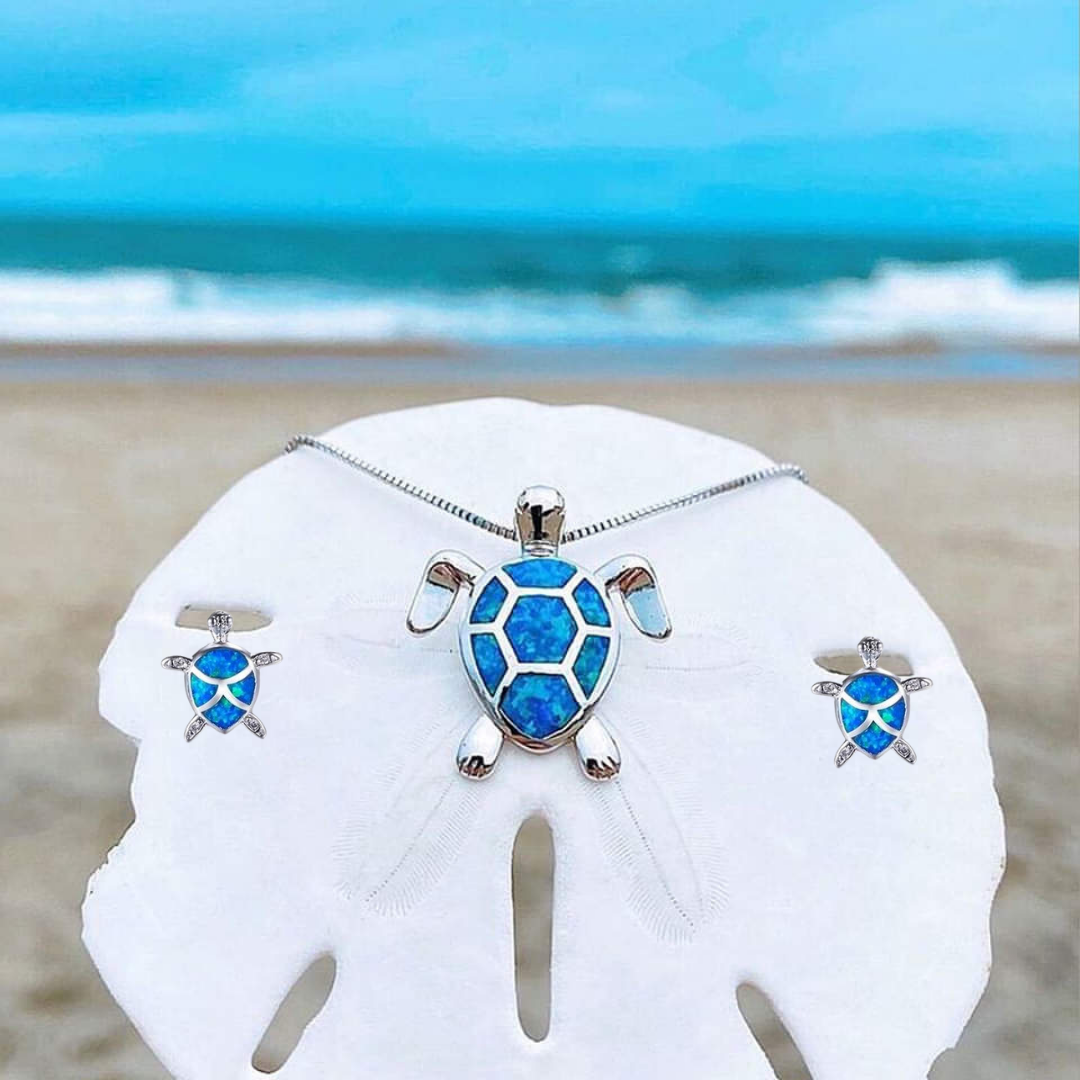 Colar + Conjunto de Brincos de Tartaruga Marinha em Opala e Prata
