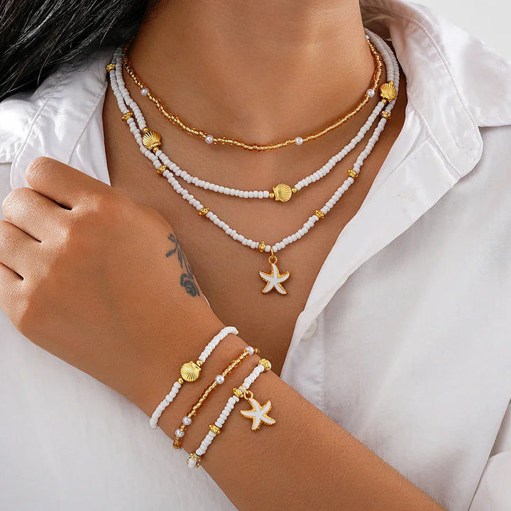 Conjunto de joias com estrelas do mar e pérolas - 6 peças
