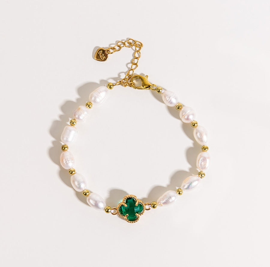Pulseira de Trevo de Esmeralda com Esmeraldas e Pérolas em Ouro