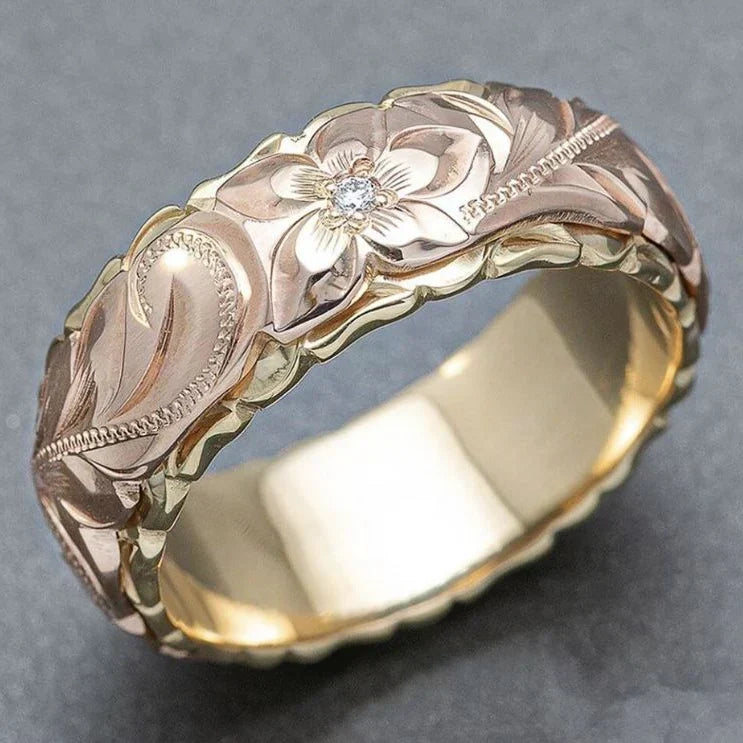 Anel de Ouro com Flor Rosa Vintage