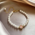 Pulseira Vintage de Pérola e Quartzo Rosa Dourado