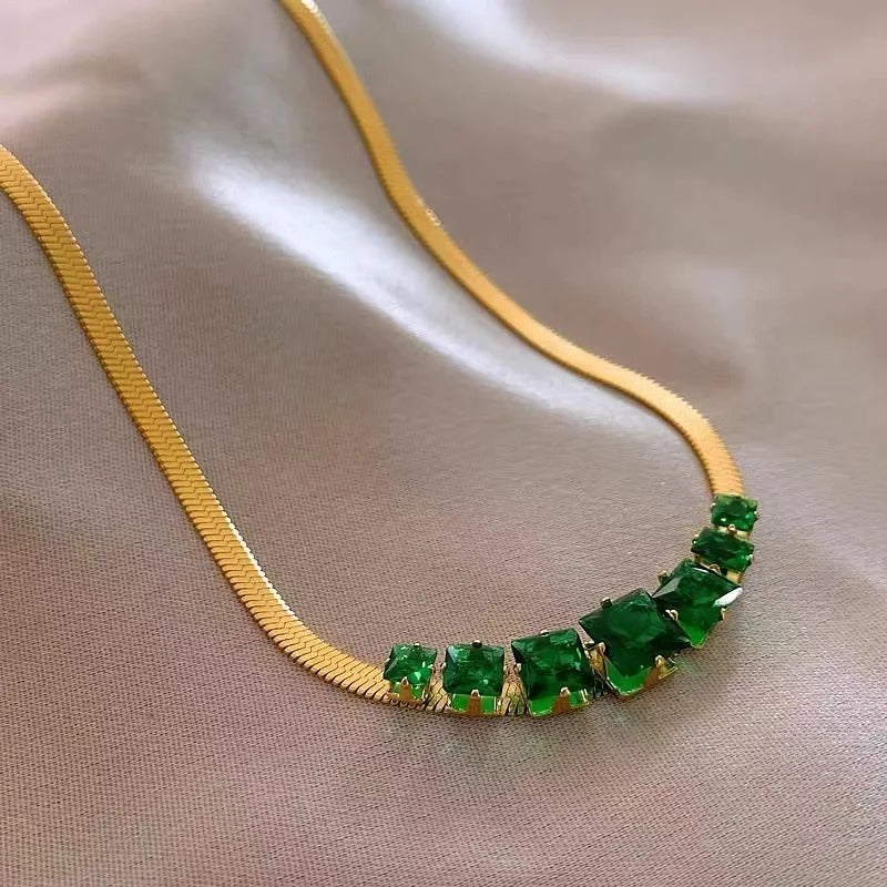 Colar de Declaração de Pedra Preciosa Verde Dourada Vintage