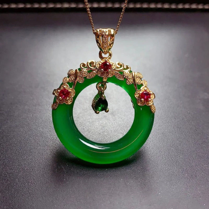 Colar Pendante de Anel Floral de Cristal Verde Clássico