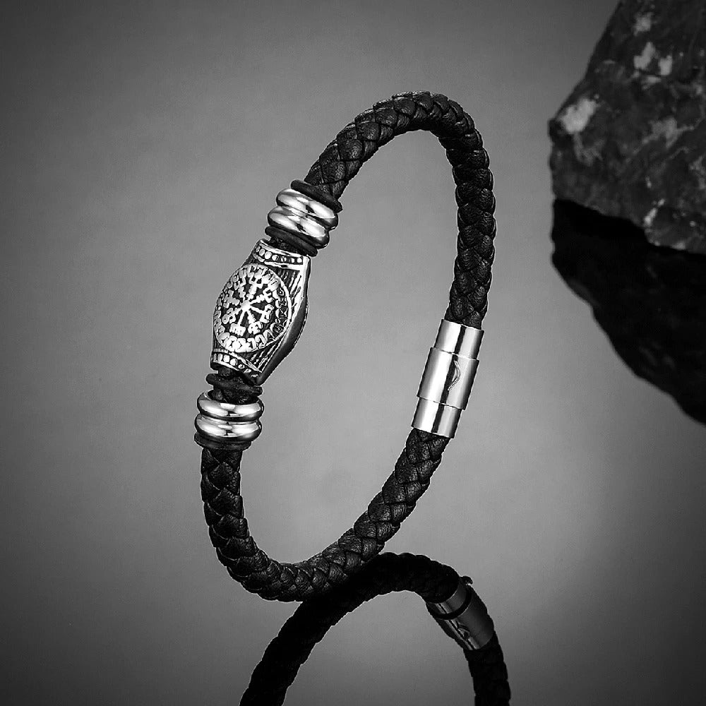 Pulseira de Couro com Compasso Viking Preto Trançada