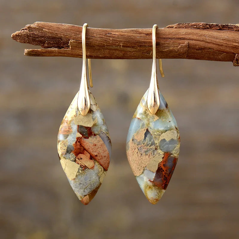 Brincos Gota de Jaspe Terroso e Ouro
